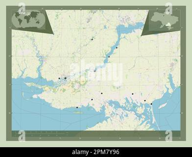Kherson, Region der Ukraine. Straßenkarte Öffnen. Standorte der wichtigsten Städte der Region. Eckkarten für zusätzliche Standorte Stockfoto