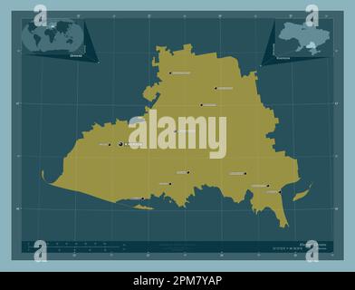 Kherson, Region der Ukraine. Durchgehende Farbform. Standorte und Namen der wichtigsten Städte der Region. Eckkarten für zusätzliche Standorte Stockfoto