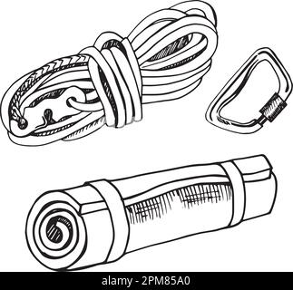 pudelsymbole. Kletterausrüstung. Maat, Karabiner, Schlafmatte. vektordarstellung. Handgezeichnete Skizze. Stock Vektor