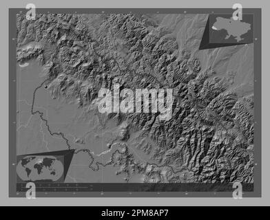 Transkarpathien, Region der Ukraine. Bilevel-Höhenkarte mit Seen und Flüssen. Eckkarten für zusätzliche Standorte Stockfoto
