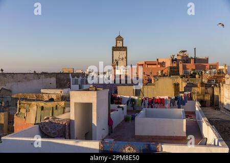 Marokko, Mogador, Essaouira, UNESCO-Weltkulturerbe, die Ben Youssef Moschee von einer Terrasse eines Riads in der Medina Stockfoto