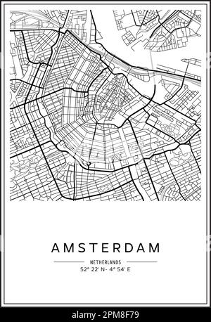 Schwarz-weiß bedruckbarer Stadtplan von Amsterdam, Posterdesign, Vektorverband. Stock Vektor