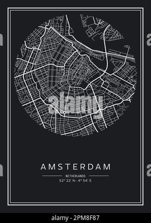 Schwarz-weiß bedruckbarer Stadtplan von Amsterdam, Posterdesign, Vektorverband. Stock Vektor