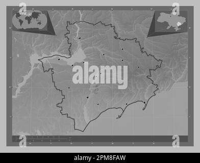 Saporischzhya, Region der Ukraine. Grauskala-Höhenkarte mit Seen und Flüssen. Standorte der wichtigsten Städte der Region. Lageplan für Corner Auxiliary Stockfoto