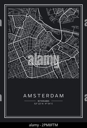 Schwarz-weiß bedruckbarer Stadtplan von Amsterdam, Posterdesign, Vektorverband. Stock Vektor