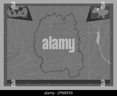 Zhytomyr, Region der Ukraine. Bilevel-Höhenkarte mit Seen und Flüssen. Standorte der wichtigsten Städte der Region. Eckkarten für zusätzliche Standorte Stockfoto