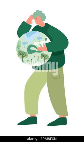 Mutter Erde, der Mann umarmt unseren grünen Planeten. Earth Day und Planet Preserve.Global Warming and Environmental protect Power efficiency idea. Perfekt für Banner und Karten. Vektordarstellung Stock Vektor