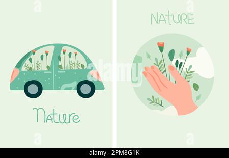 Mutter Erde, Hand umarmt unseren grünen Planeten und umweltfreundliches Fahrzeug. Earth Day und Planet Protected.Concept Environmental protect Power.Green Planet. Geeignet für Poster, Karten, Logos, Banner. Stock Vektor