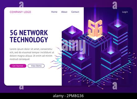 Isometrische Landing-Page für 5G-Netzwerktechnologie. Drahtlose mobile Telekommunikation der neuen Generation von Mobilfunkdiensten. Smartphone Internetverbindung Geschwindigkeit Hintergrund 3D Vektordarstellung, Web-Banner Vorlage Stock Vektor