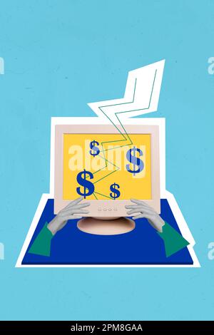 Vertikales Collage-Bild eines schwarz-weißen Gamma-Arms-pc-Displays mit Dollarsymbol isoliert auf blauem Hintergrund Stockfoto