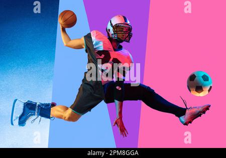 Zusammengesetztes Bild eines zugeschnittenen Fotos verschiedener Arten von männlichem Sportfußball, Basketball, Hockey, american Football auf mehrfarbigem Hintergrund in Neon Stockfoto