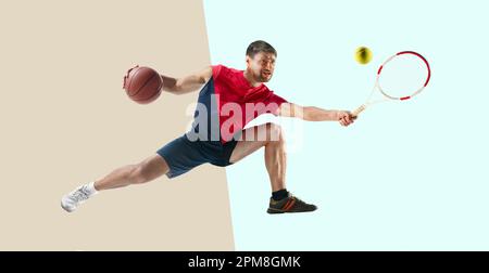 Zusammengesetztes Bild eines zugeschnittenen Fotos verschiedener Arten von Profi-Sport-Tennis, Basketball auf bunten Pastellhintergründen Stockfoto