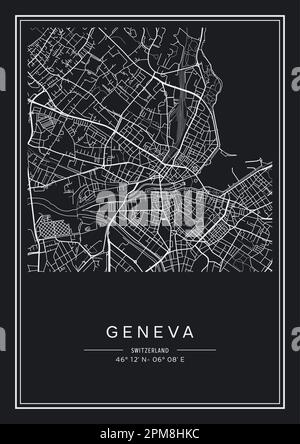 In Schwarzweiß druckbarer Stadtplan Genf, Posterdesign, Vektorverband. Stock Vektor