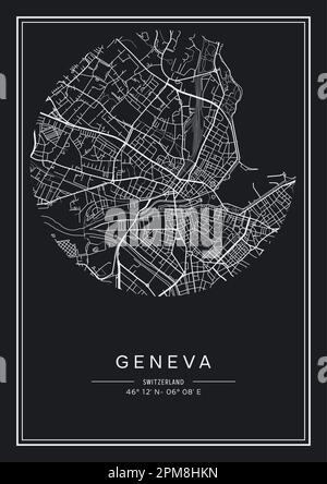 In Schwarzweiß druckbarer Stadtplan Genf, Posterdesign, Vektorverband. Stock Vektor