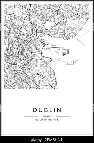 In Schwarz-Weiß druckbarer Stadtplan von Dublin, Posterdesign, Vektorverband. Stock Vektor