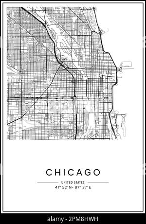Schwarz-weiß bedruckbarer Stadtplan von Chicago, Posterdesign, Vektorverband. Stock Vektor