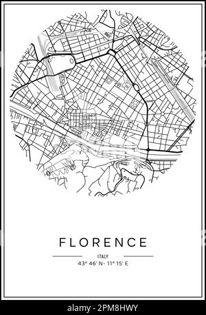 In Schwarzweiß druckbarer Stadtplan von Florenz, Posterdesign, Vektorverband. Stock Vektor