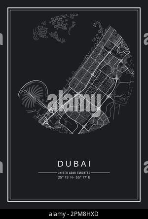 Schwarz-weiß bedruckbarer Stadtplan von Dubai, Posterdesign, Vektorverfilterung. Stock Vektor