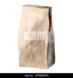 Recycelte Papiertüte für Lebensmittel – Aquarelle Abbildung isoliert auf weißem Hintergrund. Braune Handwerkstasche für Produkte, Lebensmittel oder Blumen. Umweltfreundlicher Clipart. Stockfoto