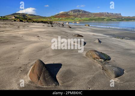 Staffin Beach, North Skye mit dem Quiraing und Trotternish Ridge im Hintergrund, Isle of Skye, Inner Hebrides, Schottland, September 2014 Stockfoto