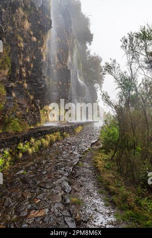 Wanderweg Levada da Serra mit Wasserfällen über dem Encumeada-Bergpass auf Madeira an bewölkten Tagen Stockfoto