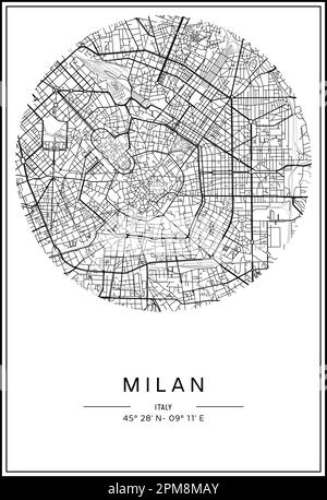 In Schwarz-Weiß druckbarer Stadtplan Mailands, Posterdesign, Vektorverband. Stock Vektor