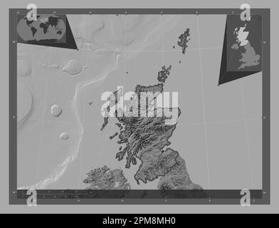 Schottland, Region des Vereinigten Königreichs. Bilevel-Höhenkarte mit Seen und Flüssen. Eckkarten für zusätzliche Standorte Stockfoto