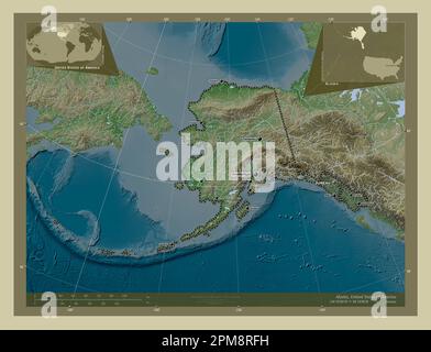 Alaska, Bundesstaat der Vereinigten Staaten von Amerika. Höhenkarte im Wiki-Stil mit Seen und Flüssen. Standorte und Namen der Großstädte des Registers Stockfoto