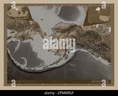 Alaska, Bundesstaat der Vereinigten Staaten von Amerika. Höhenplan in Sepia-Tönen mit Seen und Flüssen. Standorte und Namen der wichtigsten Städte der Region Stockfoto