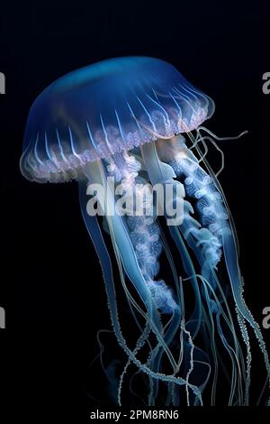 Leuchtende Quallen schwimmen tief im blauen Meer. Weiße Quallen, die im dunkelblauen Wasser des Ozeans tanzen Stockfoto