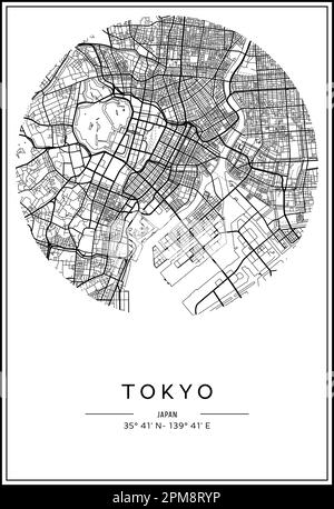 In Schwarz-Weiß druckbarer Stadtplan Tokio, Posterdesign, Vektorverband. Stock Vektor