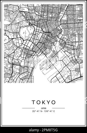 In Schwarz-Weiß druckbarer Stadtplan Tokio, Posterdesign, Vektorverband. Stock Vektor