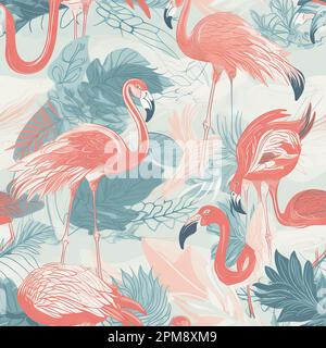 Süßer Cartoon-Flamingo-Vogel mit nahtlosem Muster im Aquarellstil. Stockfoto