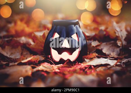 Halloween-Deko-Kürbis und Herbstlaub in der Dämmerung Stockfoto