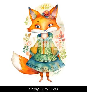 Ein Fuchs in einem Boho-Kleid mit Wildblumen. Feldkräuter. Der Fuchs ist auf weißem Hintergrund isoliert. Waldtiere. Zeichentrickfilm. Aquarell. Illustration Stockfoto