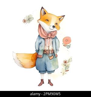 Fuchs im blauen Anzug und rosa Schal mit Wildblumen. Der Fuchs ist auf weißem Hintergrund isoliert. Waldtiere. Zeichentrickfilm. Aquarell. Illustration Stockfoto