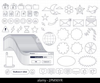 Set von Retro-Computer ui nostalgische Elemente und Aufkleber. Alte Symbole der PC 90s-Benutzeroberfläche mit Umriss. Eingefrorenes Fenster, Laden, Schaltflächen, Ordner, ein Stock Vektor