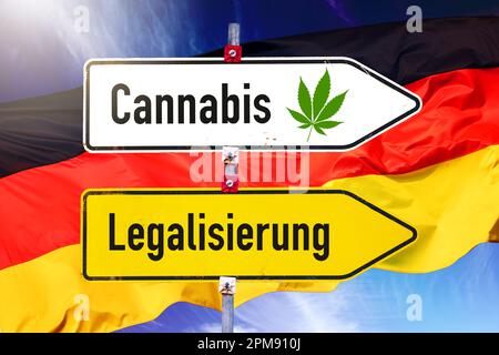 FOTOMONTAGE, Wegweiser Cannabis und Legalisierung mit Deutschlandfahne Stockfoto