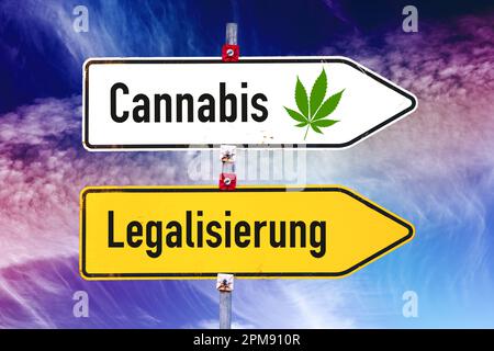 FOTOMONTAGE, Wegweiser Cannabis und Legalisierung Stockfoto