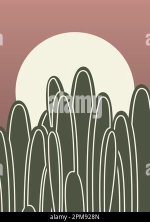 Poster zeitgenössischer ästhetischer Kaktus in Wüstenlandschaft. Saguaro im Nachttal. Stock Vektor