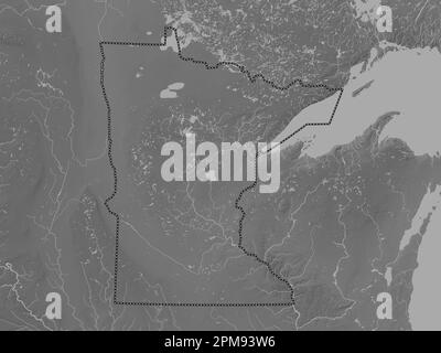 Minnesota, Bundesstaat der Vereinigten Staaten von Amerika. Grauskala-Höhenkarte mit Seen und Flüssen Stockfoto