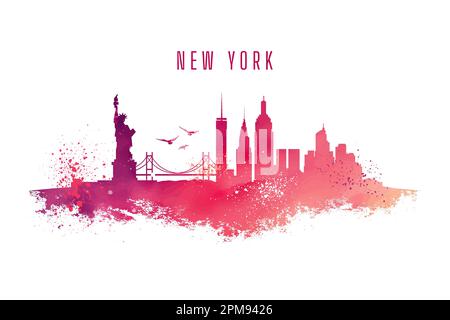 Wasserfarbenbild der Skyline von New York. Grafische Landschaft von NYC mit Farbspritzern und Grunge-Texturen. Leuchtendes, lebendiges Bild eines großen Apfels. USA Stock Vektor