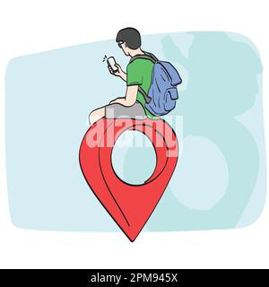 Strichkunst männlicher Reisender mit Rucksack auf großer roter Position Symbol Illustration Vektor Hand gezeichnet isoliert auf weißem Hintergrund Stock Vektor