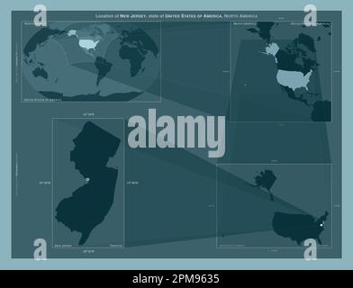 New Jersey, Bundesstaat der Vereinigten Staaten von Amerika. Diagramm, das die Position der Region auf Karten mit größerem Maßstab zeigt. Zusammensetzung von Vektorrahmen und PNG s. Stockfoto