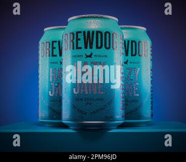 Mansfield, Nottingham, Vereinigtes Königreich: Studio-Produktbild von Dosen von BrewDog Lazy Jane Beer. Stockfoto