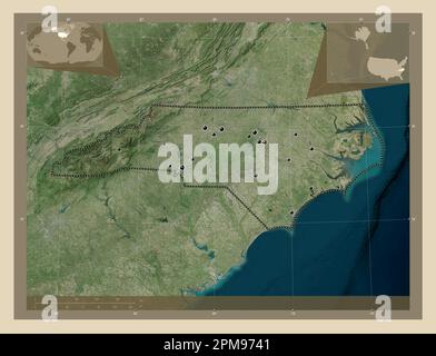 North Carolina, Bundesstaat der Vereinigten Staaten von Amerika. Hochauflösende Satellitenkarte. Standorte der wichtigsten Städte der Region. Ecke Zusatzgerät m Stockfoto