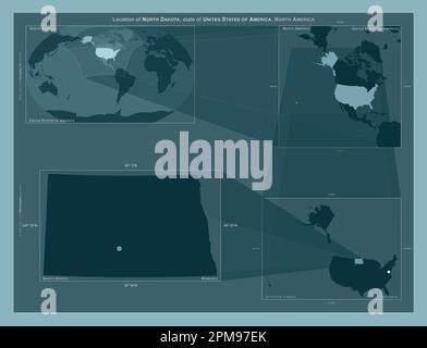 North Dakota, Bundesstaat der Vereinigten Staaten von Amerika. Diagramm, das die Position der Region auf Karten mit größerem Maßstab zeigt. Zusammensetzung von Vektorrahmen und PNG Stockfoto