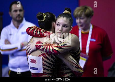 Antalya, Türkei. 12. April 2023. Der belgische Turner Fien Enghels wurde während der Balance Beam-Übung, der ersten Übung in der Qualifikation der Frauenmannschaft, bei der Europameisterschaft Gymanstiker in Antalya, Türkei, am Mittwoch, den 12. April 2023, fotografiert. Die EG findet vom 11. Bis 16. April 2023 statt. BELGA FOTO LAURIE DIEFFEMBACQ Kredit: Belga News Agency/Alamy Live News Stockfoto