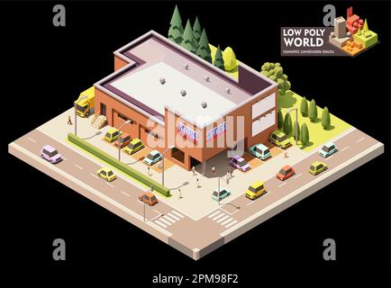 Ein isometrisches Vektorgebäude. Außenansicht des Supermarkthauses. Großer Laden mit Parkplatz Stock Vektor
