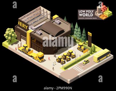 Isometrischer Vector-Traktor und Händler für Schwermaschinen, Ausstellungsraum und Servicestation. Neue Traktoren auf dem Display. Kunden, die auf einer Ausstellung zuschauen Stock Vektor